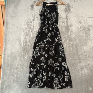 Wallflower Women’s Black Floral Halter Tiered Maxi Dress Size S Boho Summer